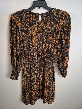 Zara Black and Orange Floral Long-Sleeve Mini Dress with Shirred Waist